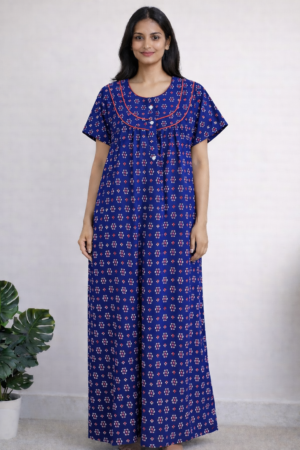 Navy Blue Floral Printed Cotton Nighty for Women (Maxi Length)