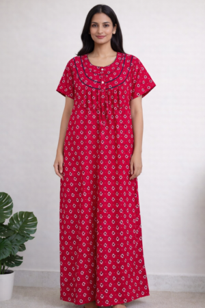 Red Floral Printed Cotton Nighty for Women (Maxi Length)