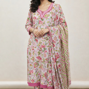 Elegant Floral Cotton Kurta Pant Dupatta Set for Women