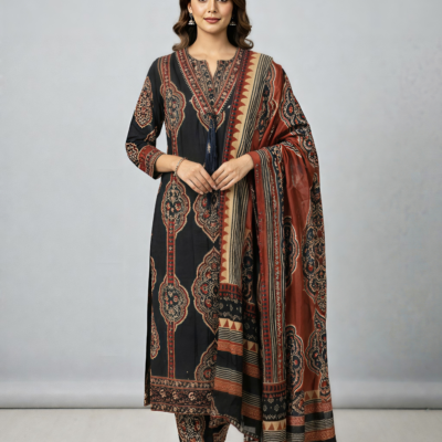 Noor Black Printed Cotton Kurti Set
