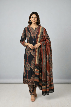 Noor Black Printed Cotton Kurti Set