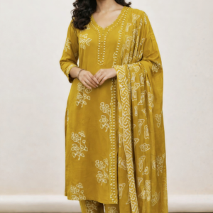 Mustard Yellow Hand Printed Cotton Kurti Set with Dupatta