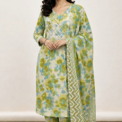 Women’s Green Printed Cotton 3 Piece Set