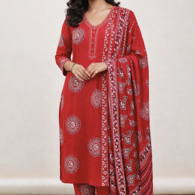Classic Red Printed Cotton 3-Piece Kurta Set for Women