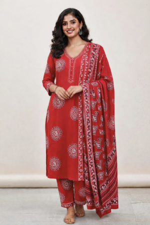 Ajrakh Maroon Printed Kurta Set