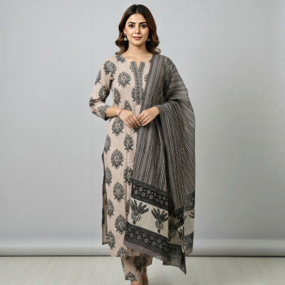Women’s Beige & Black Printed Cotton 3 Piece Set – Kurta, Pant & Dupatta