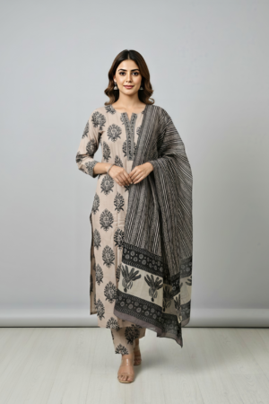 Beige & Black Printed Cotton Kurta set