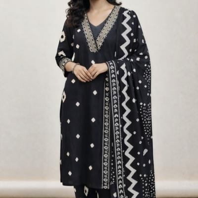 Women’s Black Printed Cotton 3 Piece Set – Kurta, Pant & Dupatta
