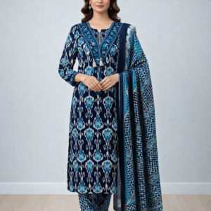 Navy Blue Printed Cotton Kurta Set with Dupatta (3-Piece Set)
