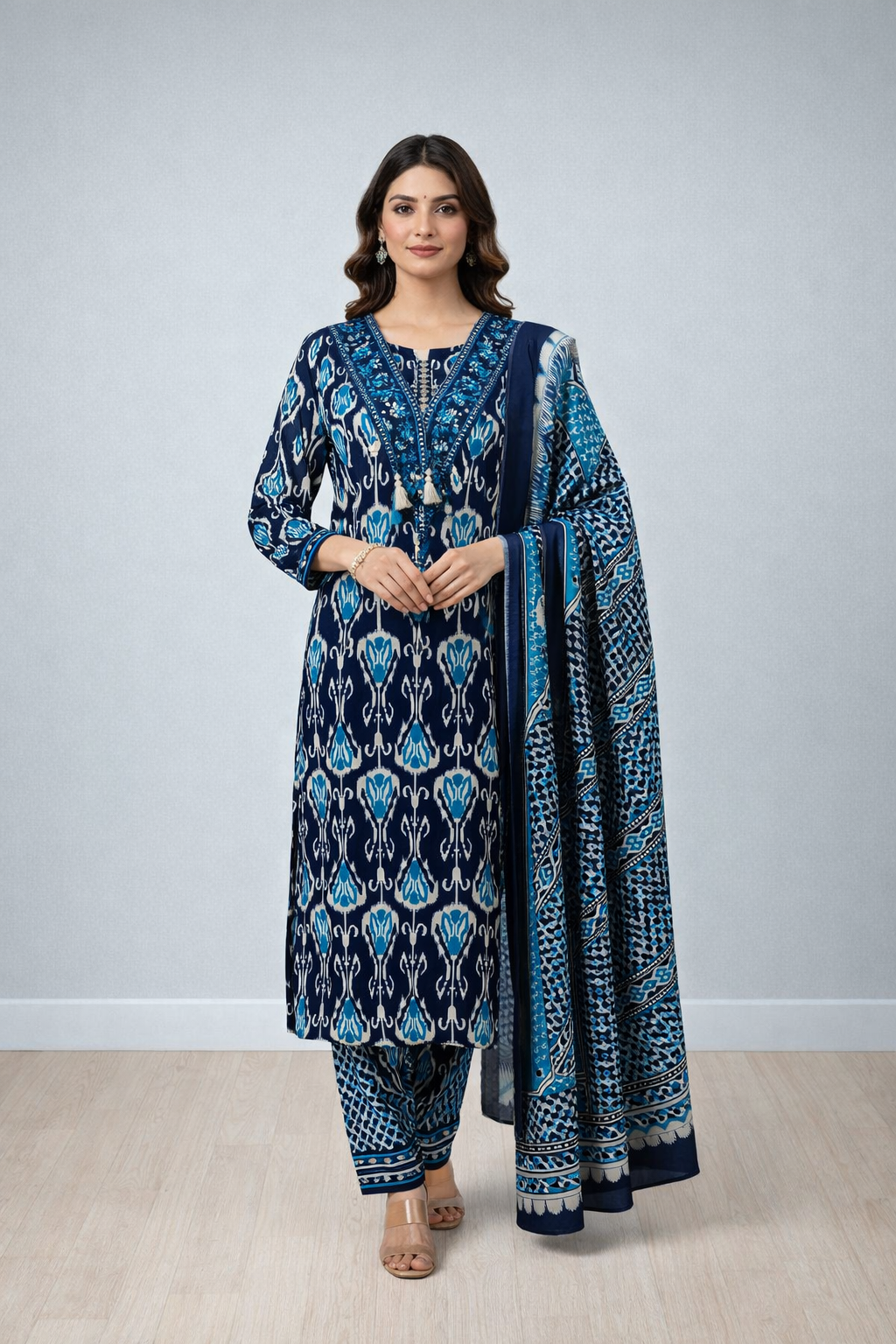 Navy Blue Printed Cotton Kurta Set with Dupatta (3-Piece Set)