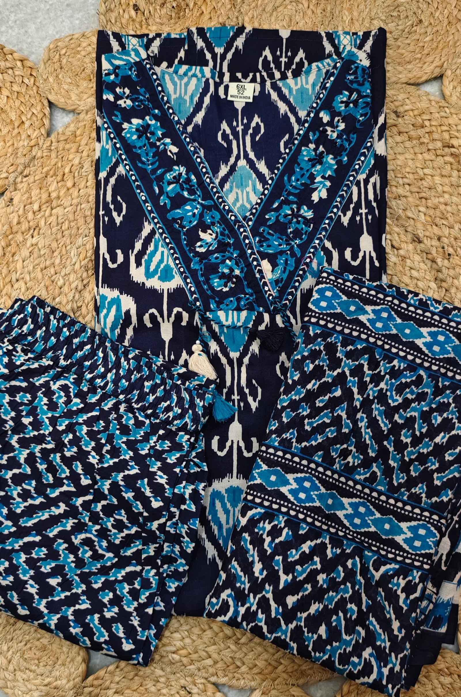 Navy Blue Printed Cotton Kurta Set with Dupatta (3-Piece Set) - Image 3