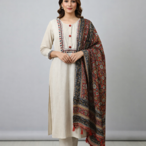 Cream Cotton Kurta Set with Printed Dupatta (3-Piece Set)