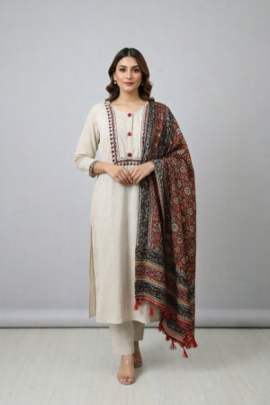 Cream Cotton Kurta Set with Kalamkari Dupatta