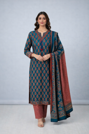 Teal Green & Rust Printed Cotton Kurta Set