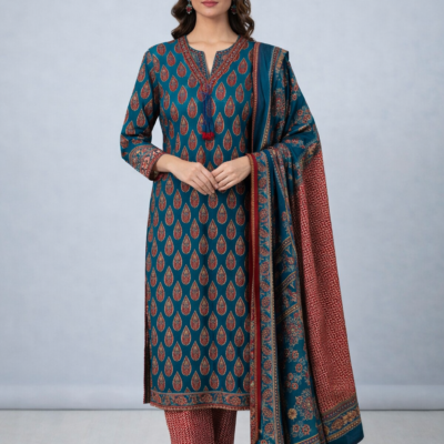 Teal Green & Rust Printed Cotton Kurta Set with Dupatta (3-Piece Set)