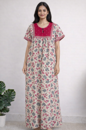 Cream Floral Printed Cotton Nighty for Women (Maxi Length)