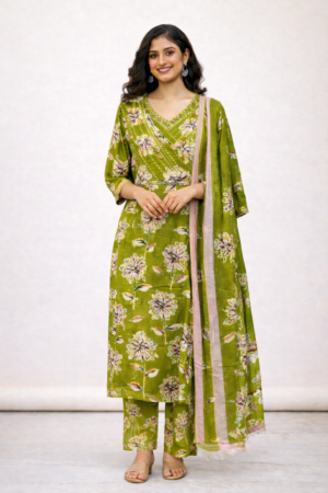 Olive Green Floral Printed Cotton Kurta Set