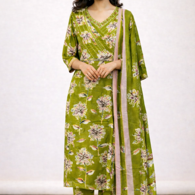 Olive Green Floral Printed Cotton Kurta Set with Dupatta (3-Piece Set)
