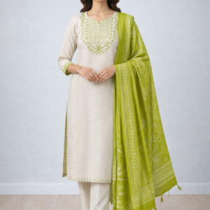 Cream Cotton Embroidered Kurta Set with Green Dupatta (3-Piece Set)