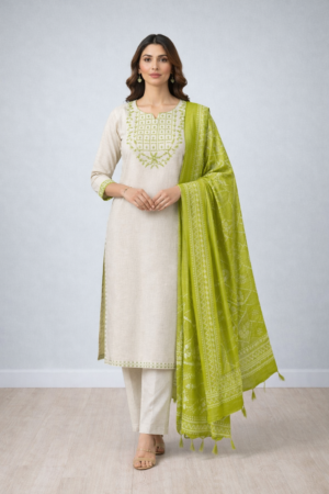 Cream Cotton Embroidered Kurta Set with Green Dupatta