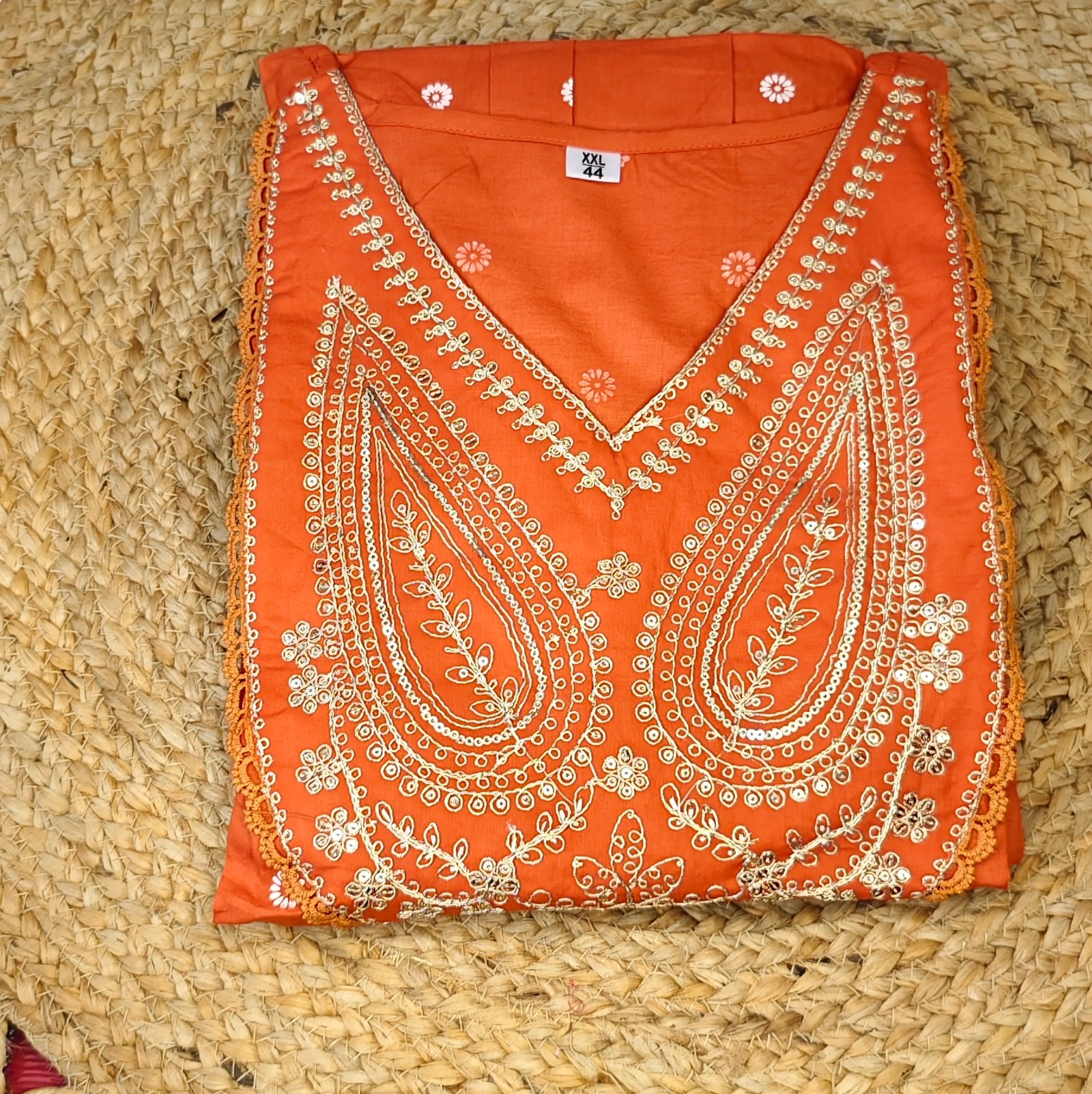 Rust Orange Embroidered Cotton Anarkali Kurta Set with Dupatta (3-Piece Set) - Image 3