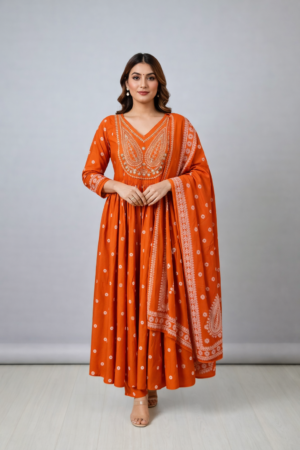 Rust Orange Embroidered Cotton Anarkali Kurta Set