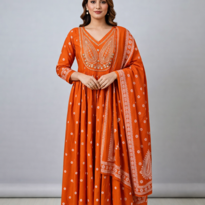 Rust Orange Embroidered Cotton Anarkali Kurta Set with Dupatta (3-Piece Set)