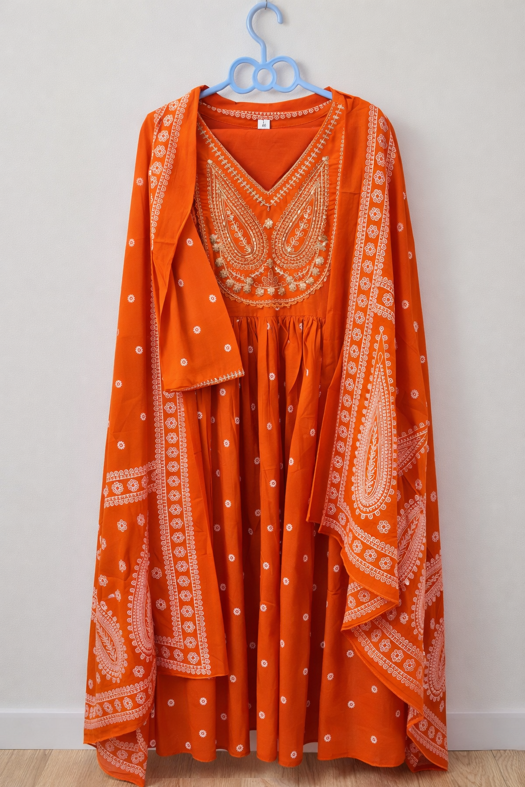 Rust Orange Embroidered Cotton Anarkali Kurta Set with Dupatta (3-Piece Set) - Image 2