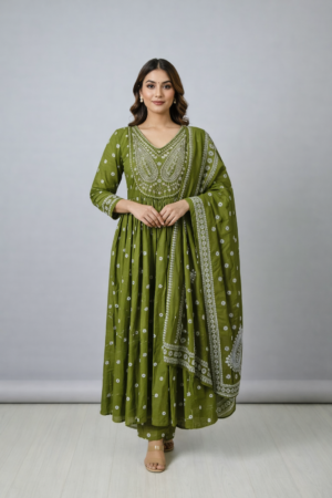 Olive Green Embroidered Cotton Anarkali Kurta Set