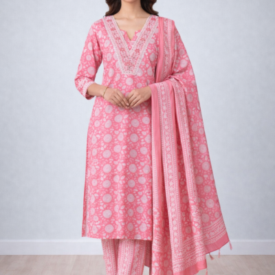 Soft Pink Floral Printed Cotton Kurta Set with Dupatta (3-Piece Set)  🔗 Product Slug (URL)