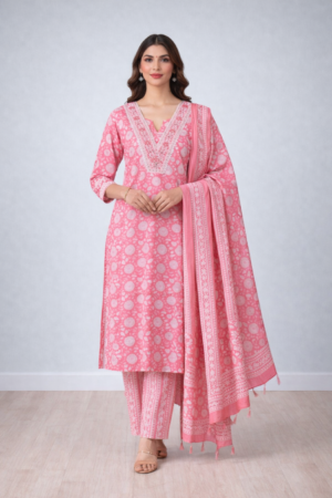 Pink & White Floral Printed Cotton Kurta Set
