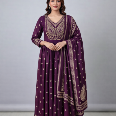 Wine Purple Embroidered Cotton Anarkali Kurta Set with Dupatta (3-Piece Set)