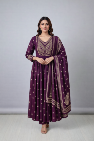 Wine Purple Embroidered Cotton Anarkali Kurta Set