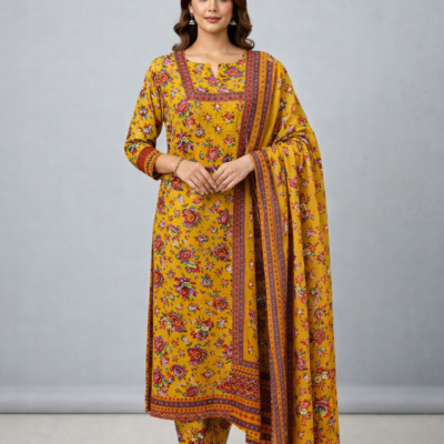 Mustard Yellow Floral Printed Cotton Kurta Set with Dupatta (3-Piece Set)