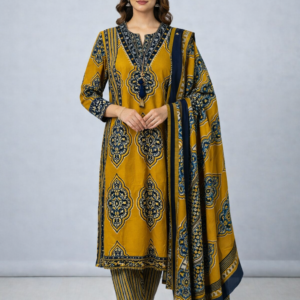 Mustard Yellow & Navy Printed Cotton Kurta Set with Dupatta (3-Piece Set)