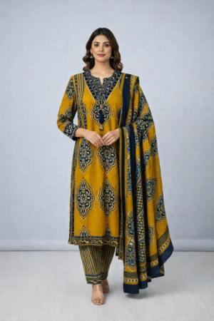 Mustard Yellow & Navy Printed Cotton Kurta Set