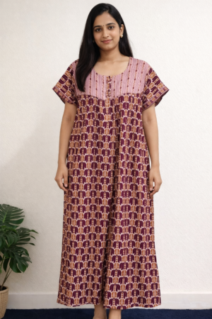 Pink & Brown Printed Cotton Nighty for Women
