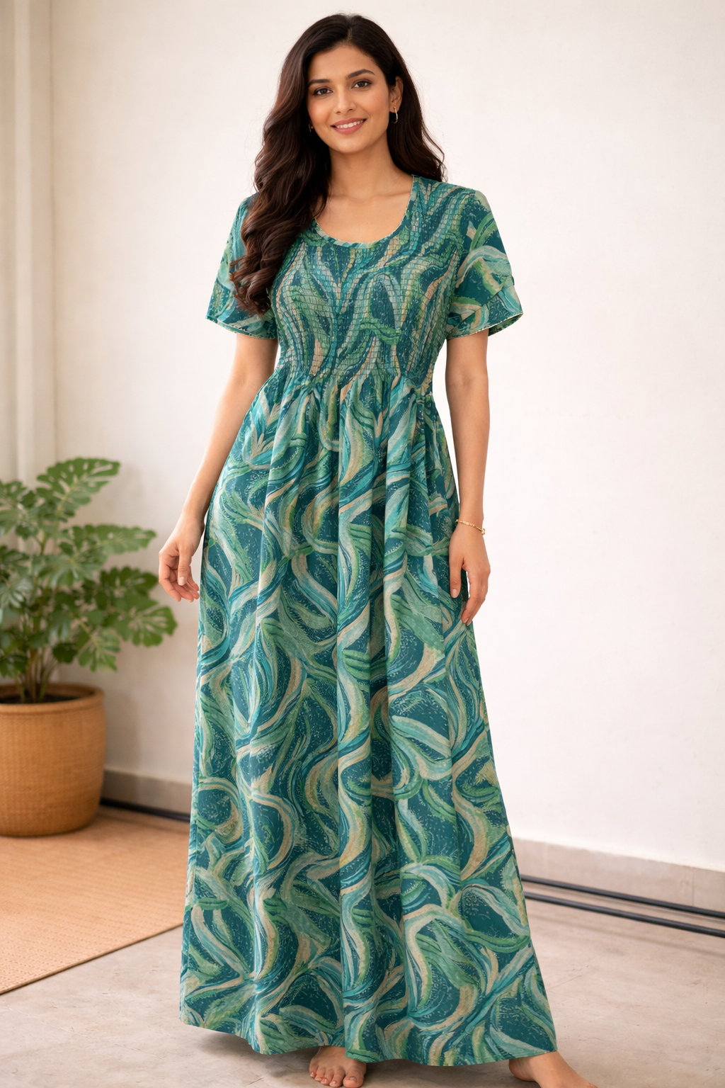 Green Women’s Cotton Printed Nighty