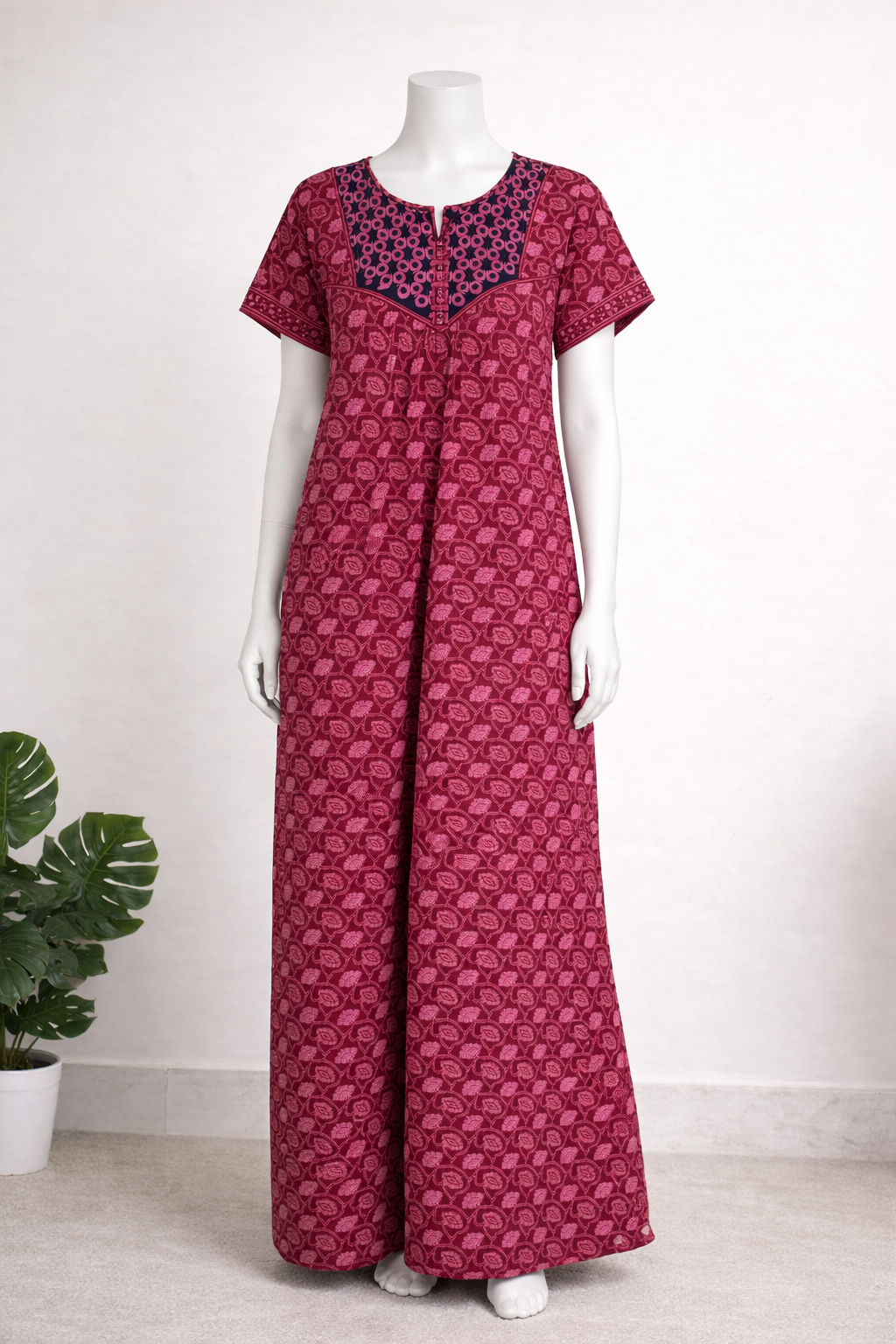 Maroon Printed Cotton Nighty for Women (Maxi Length) - Image 2