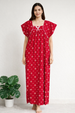 Red Printed Cotton Maxi Nighty for Women