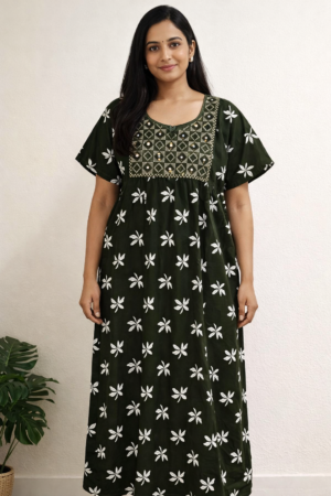 Dark Green Floral Printed Cotton Nighty for Women (Maxi Length)
