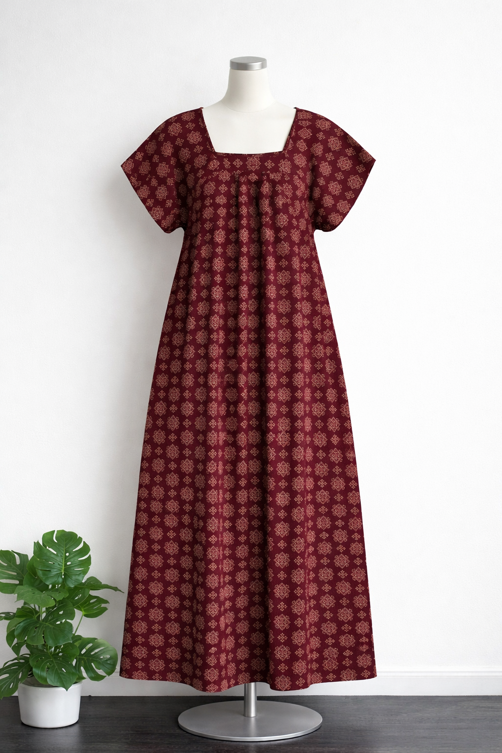 Maroon Printed Cotton Nighty for Women - Image 2