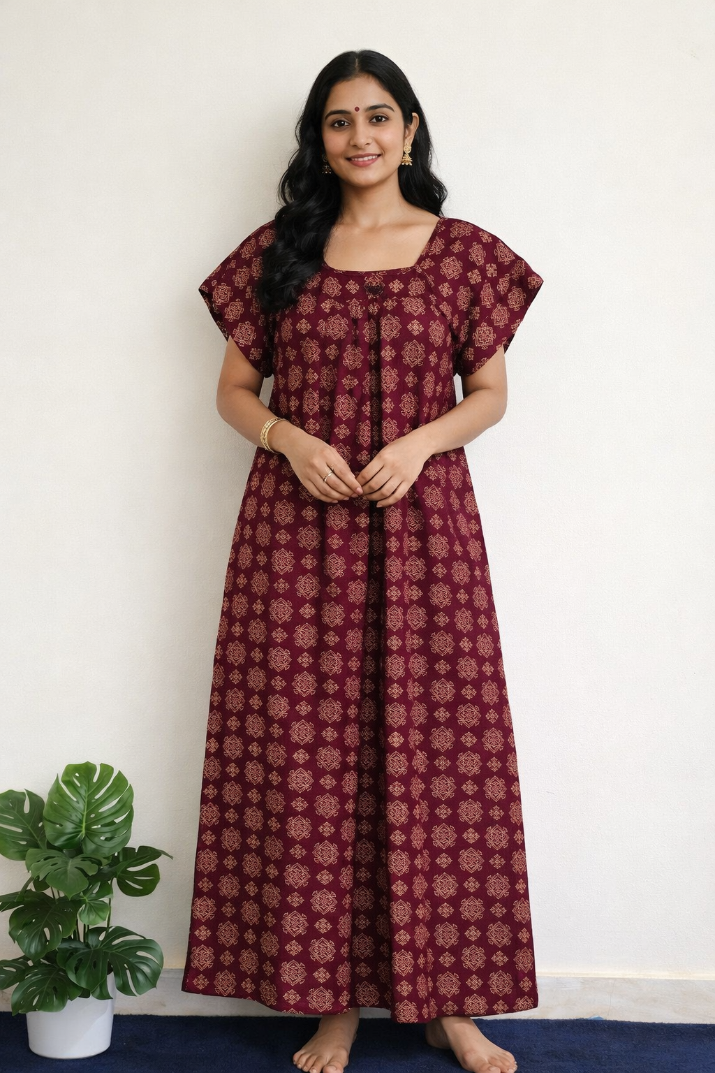 Maroon Printed Cotton Nighty for Women