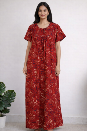 Rust Orange Printed Cotton Nighty for Women (Maxi Length)