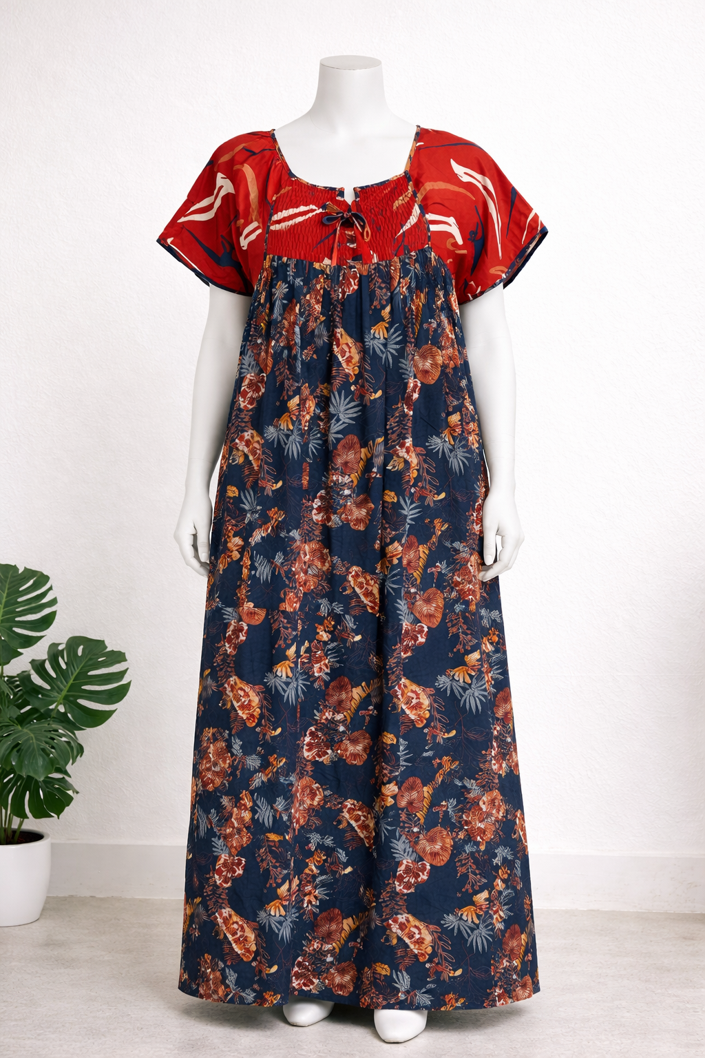 Navy Blue Floral Cotton Nighty with Orange Yoke for Women (Maxi Length) - Image 2
