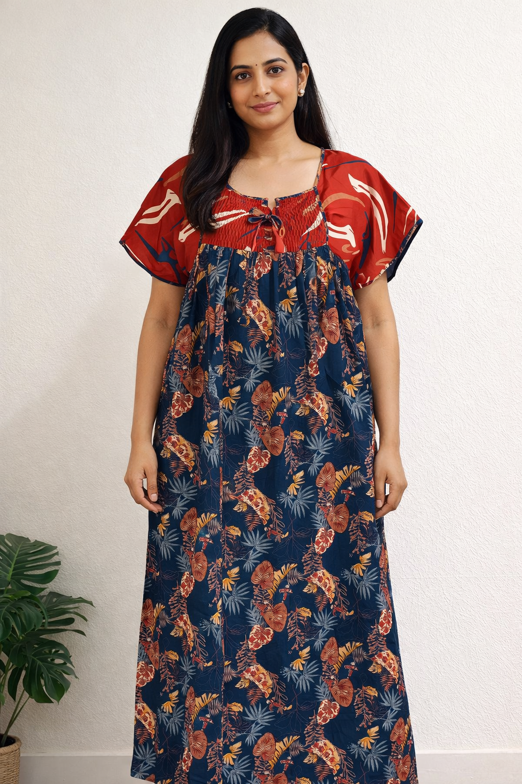 Navy Blue Floral Cotton Nighty with Orange Yoke for Women (Maxi Length)