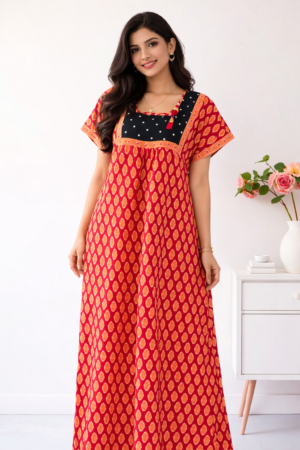 Red & Black Printed Cotton Nighty for Women