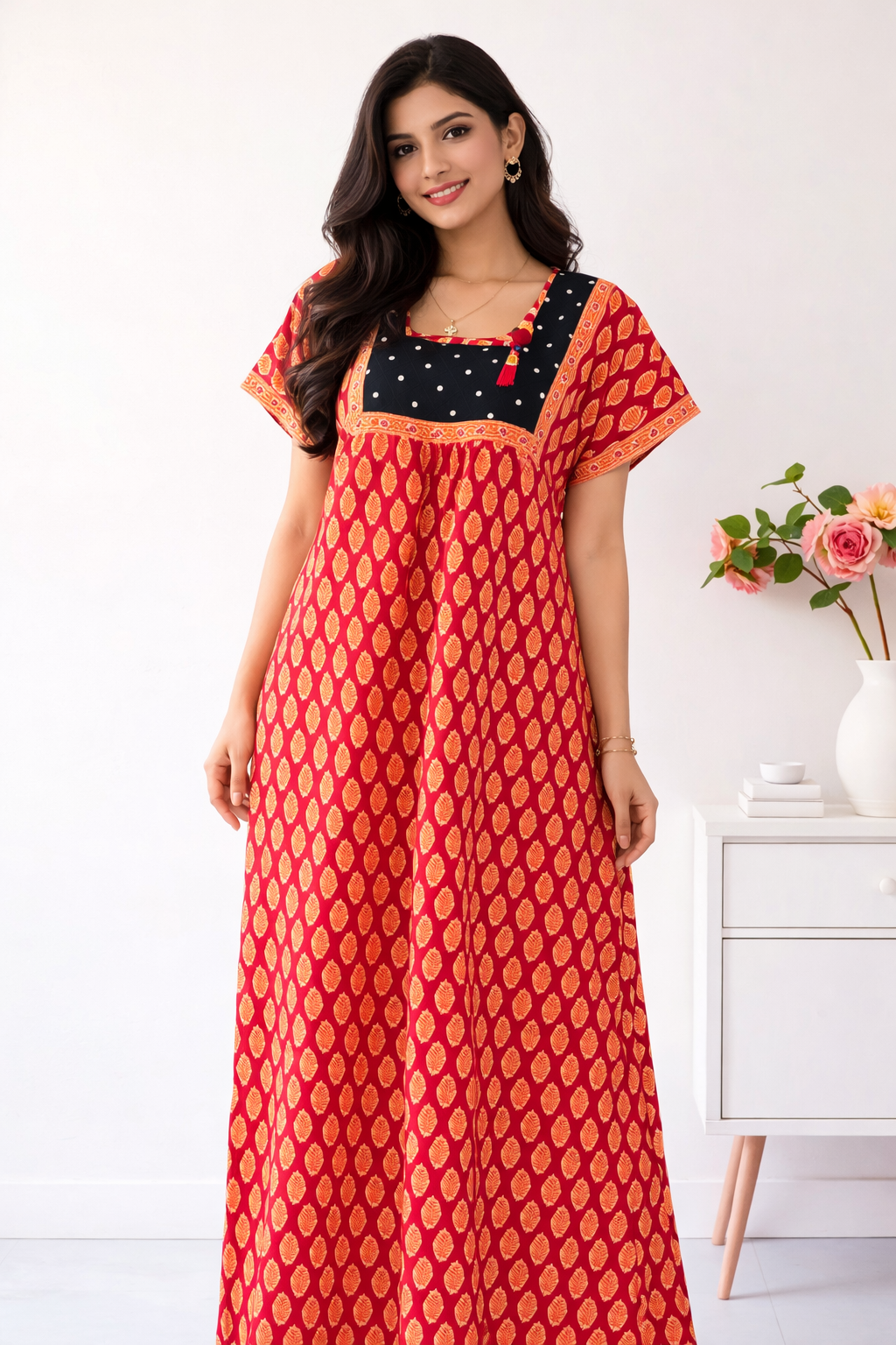 Red & Black Printed Cotton Nighty for Women