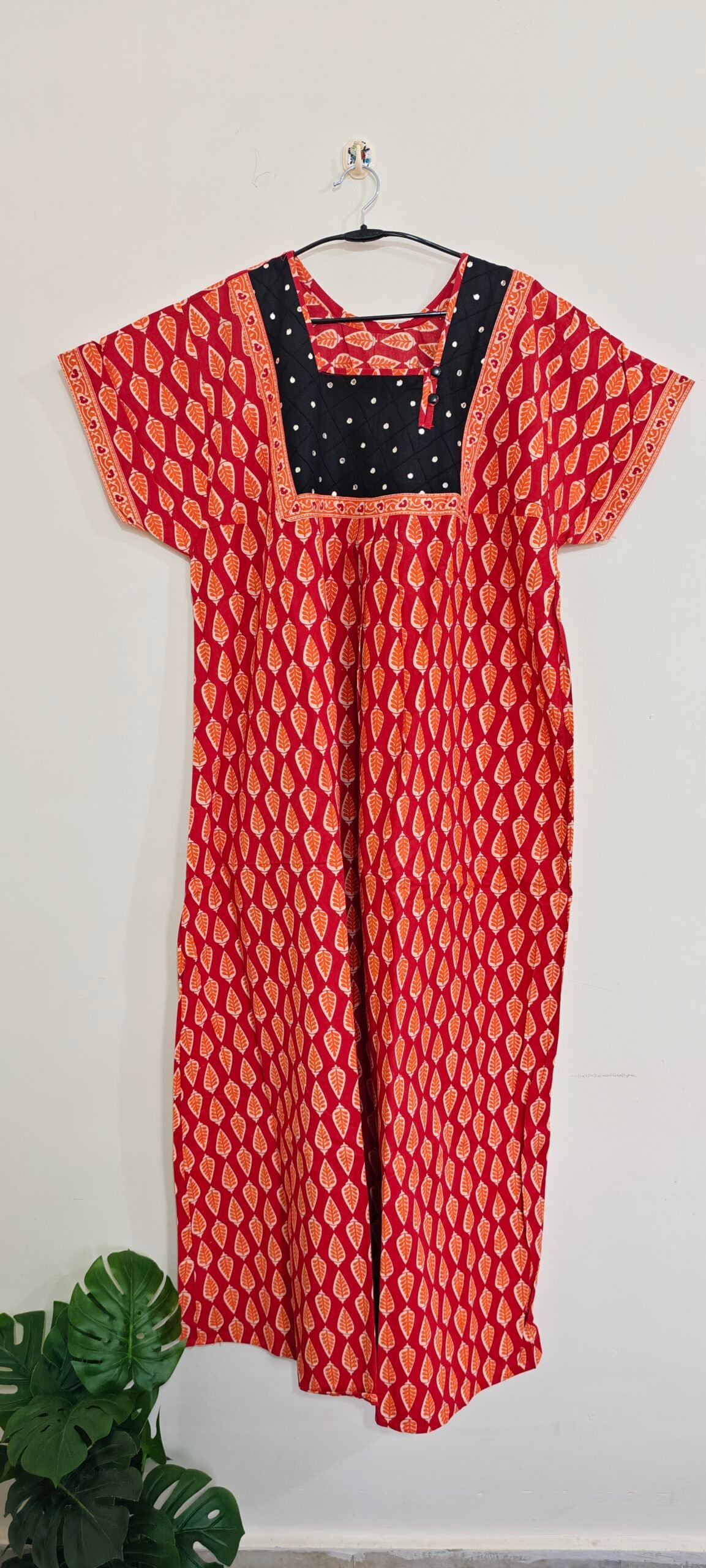 Red & Black Printed Cotton Nighty for Women - Image 4