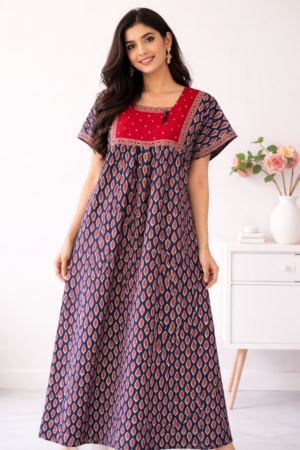 Women’s Cotton Printed Maxi Nighty – Navy Blue & Red